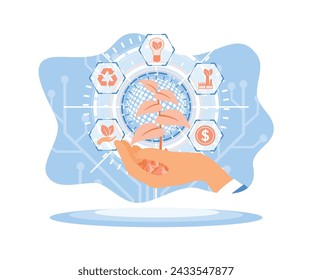 La mano del hombre sostiene el icono de plantar árboles y MSG. Crecimiento económico sostenible con energía renovable y recursos naturales. Ilustración vectorial plana.