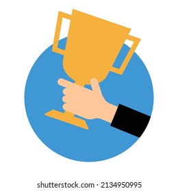 La mano del hombre sostiene el trofeo. Vector.