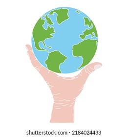 La mano del hombre está sosteniendo un mundo entero. Día de la Tierra. Mano Cortada. Dibujo a mano libre. Esbozo.	
