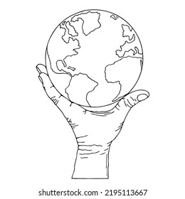 Man's Hand Is Holding A World Globe. Earth Day. Hand Drawn. Freehand Drawing. Sketch. Coloring Book.