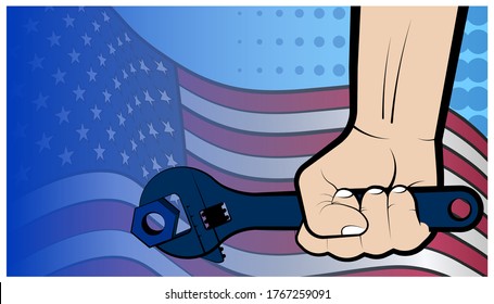 mans hand holds a big wrench on the background of the American flag. USA Labor Day, comic book style illustration. Vector