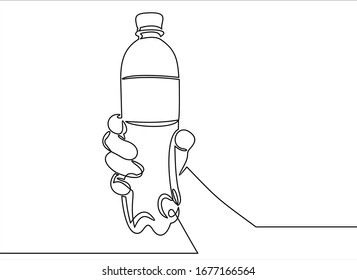 Man's hand holds bottle of water.Continuous one line drawing. 