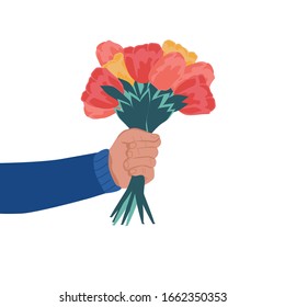 A man's hand holds a bouquet of flowers on a white background. Congratulations on your birthday, International women's day on March 8. Vector illustration in flat style