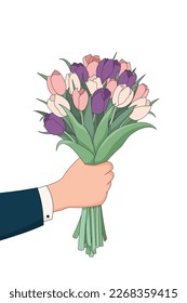 Man's hand holds a bouquet of tulip flowers on a white background. Vector illustration for congratulations International Women's Day on March 8 or happy birthday in flat style