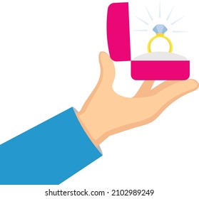 A man's hand holds a box with a gemstone ring.
Hand proposal, wedding ring as a gift. Vector illustration, flat design, isolated background.