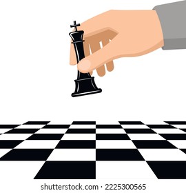 

A man's hand holds a chess piece King over a chessboard.
Vector element in flat style.