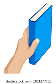 Mans Hand Holds Closed Book, Puts It On Shelf. Education At School And Library, Obtaining Knowledge From Literature. Cartoon Vector On White Background