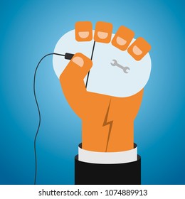 A man's hand holds a computer mouse. Vector illustration.