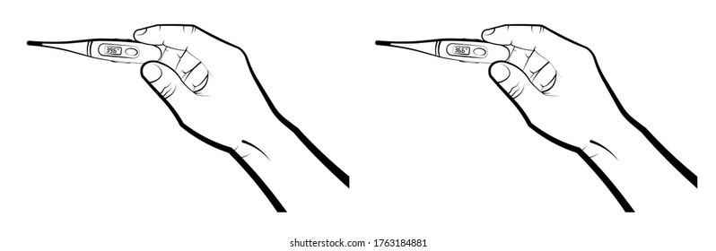 mans hand holds an electronic thermometer with a normal body temperature of 36.6 and a high of 39.6 degrees Celsius. Health and disease prevention. Isolated vector on white background