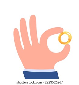A man's hand holds an engagement gold ring. Make a marriage proposal. The concept of a wedding. Isolated vector flat design illustration for postcards, invitations and gift.