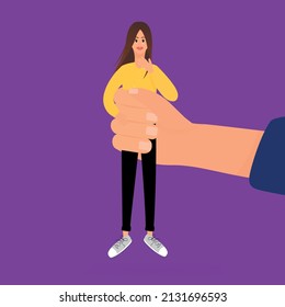 man's hand holds a frightened and crying woman in his fist. Husband and wife quarrel or divorce. Domestic violence. Vector illustration in a flat style