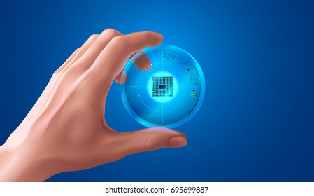 Man's hand holds glass tube with a microchip. A scientist shows a new microprocessor in a glass box close-up. Modern technology industry of semiconductor components of electronics. VECTOR 