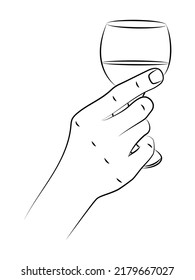 Man's hand holds glass of wine, close-up. Wine party, tasting, celebration of anniversary, birthday. Alcohol drink concept for restaurant, cafe, party. Menu cover for wine bar. Sketch, linear drawing
