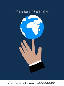 A man's hand holds a globe on his index finger. Symbol of international globalization. Concept of card, print or poster. Vector illustration.
