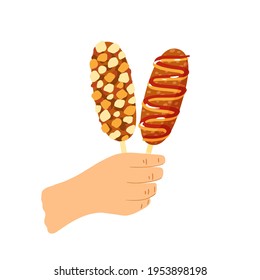 A Man's Hand Holds A Korean Street Food - Corn Dog, Fried In Breadcrumbs With Ketchup And Mustard. Traditional Asian Dish - Fried Sausages In A Dough With Cheese. Vector Cartoon Icon Illustration