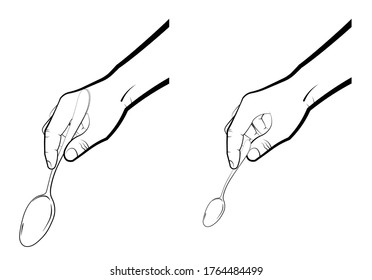 mans hand holds a large and small spoon. Realistic gestures, cooking and drinks. Isolated vector on white background