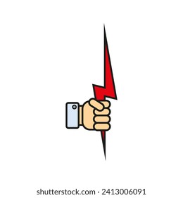 A man's hand holds a lightning bolt. Vector illustration.