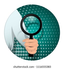 A man's hand holds a magnifying glass. Enlarged glass for looking at small objects. Banner for business. Vector illustration.