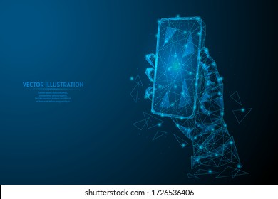 Man's hand holds a modern smartphone close-up. Mockup Empty phone. Concept of innovative technologies, business, Internet, online communication. 3d low poly wireframe isolated vector illustration.