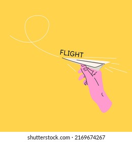 A man's hand holds a paper airplane. Isolated illustration on a yellow background. Template for the design.