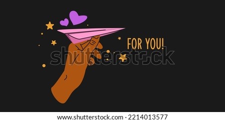 A mans hand holds a paper airplane. Illustration on a black background. A man sends a romantic message to a girl.