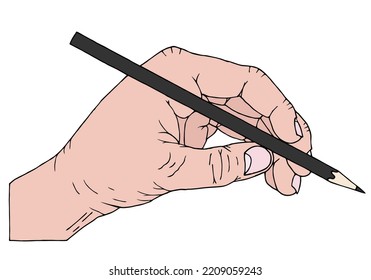 A man's hand holds a pencil. Hand with pencil in doodle style. Hand Drawn. Freehand drawing. Doodle. Sketch. Outline.