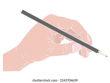 A man's hand holds a pencil. Hand with pencil in doodle style. Hand Drawn. Freehand drawing. Doodle. Sketch. Outline.	