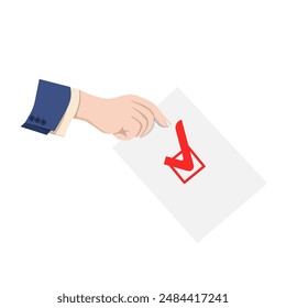 A man's hand holds a sheet of paper with a red check mark on a white background.Vector illustration for advertising various elections and voting.
