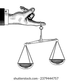 La mano de un hombre sostiene la balanza plateada de la justicia con una cruz. Tema de la jurisprudencia, la justicia, el estado de derecho. Dibujo de líneas antiguas. Ilustración del vector