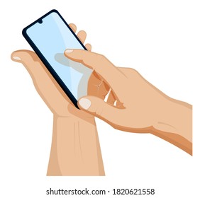 mans hand holds a smartphone and presses a finger on touch screen. Using portable smart devices, navigation, communication. Cartoon vector on white background