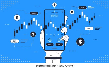 Man's hand holds a smartphone with trade charts. Mobile stock market trading. 