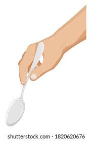 mans hand holds a spoon. Chef prepares festive dinner. Realistic gestures, cooking and drinks. Cartoon vector on white background