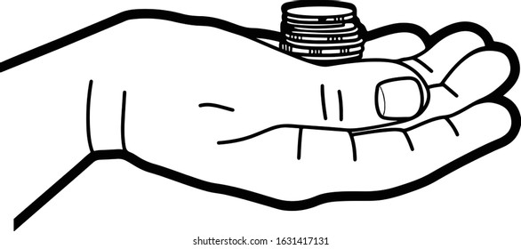 Man's hand holds a stack of coins. Line graphics. Vector illustration