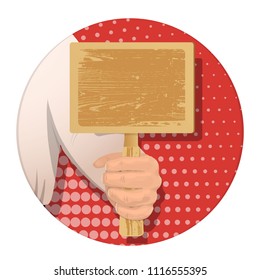 A man's hand holds a tablet for inserting any text. On an abstract background. Banner for business. Vector illustration.