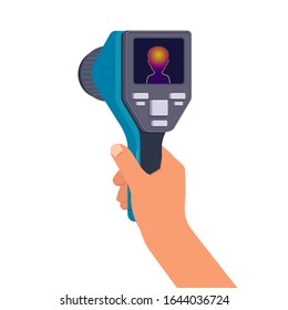 Man's hand holds a thermal imaging camera. Flat vector illustration on white background
