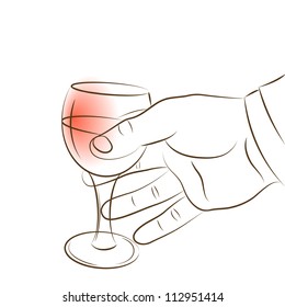 The man's hand holds a wine-glass with alcoholic drink. Drawing brush. Vector. eps 8