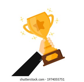 Man's hand holds the winner's cup. Gold cup in hand. Leadership idea, first place prize winning, competition winner. Business goal achievement concept. Vector illustration