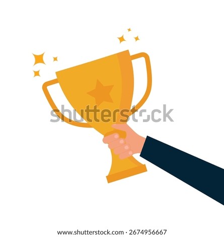 Man's hand holds the winner's cup. Leadership idea, first place prize winning, competition winner. Business goal achievement concept