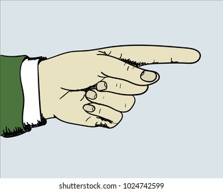The man's hand. The index finger of the hand. The hand points ahead. Politician, boss. A man in a shirt and a jacket. Business illustration. Pop art drawing for business. Image of a hand.