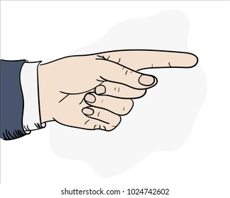 The man's hand. The index finger of the hand. The hand points ahead. Politician, boss. A man in a shirt and a jacket. Business illustration. Pop art drawing for business. Image of a hand.