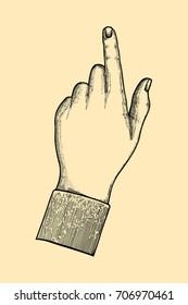 Man's hand, index finger shows gesture upward or presses virtual button, vector illustration.