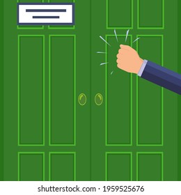 The man's hand is knocking on the door. Please allow me to enter the room. A knock on the office door with a sign. A persistent businessman, client, manager, guest or salesperson. Fragment. Vector