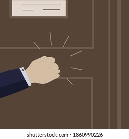 The Man's Hand Knocks On The Door. Request For Permission To Enter The Room. The Businessman's Insistent Knock. Vector Illustration.
