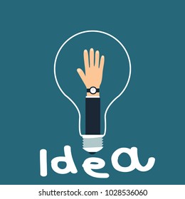 A man's hand is lifted up in a shell of a light bulb. The manifestation of initiative or idea in creativity or in office work. Image on a blue background. Vector illustration.