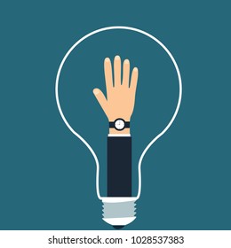 A man's hand is lifted up in a shell of a light bulb. The manifestation of initiative or idea in creativity or in office work. Image on a blue background. Vector illustration.