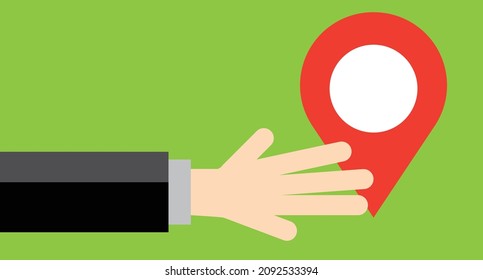 Man's hand and map pin icon on map. Vector.
