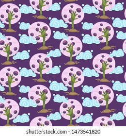 Man's hand and moon seamless pattern. Cartoon flat style. Creepy night. Vector