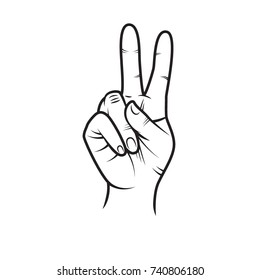 A man's hand on a white background. A symbol of victory. Two fingers. Black and white illustration. Gesture. Vector. The woman's right hand.