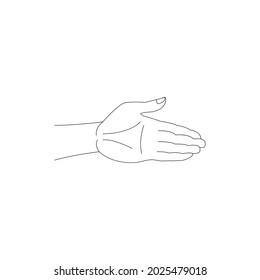 Man's hand, open palm forward. Part of human body, black outline, isolated on white background. Concept: outlines, drawing, sketching.