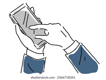 man's hand operating a smartphone drawing illustration, vector
